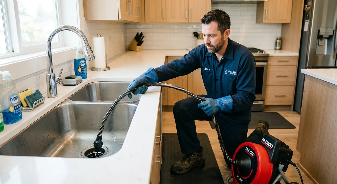 Drain cleaning technician using a motorized snake on a kitchen sink in North Tustin