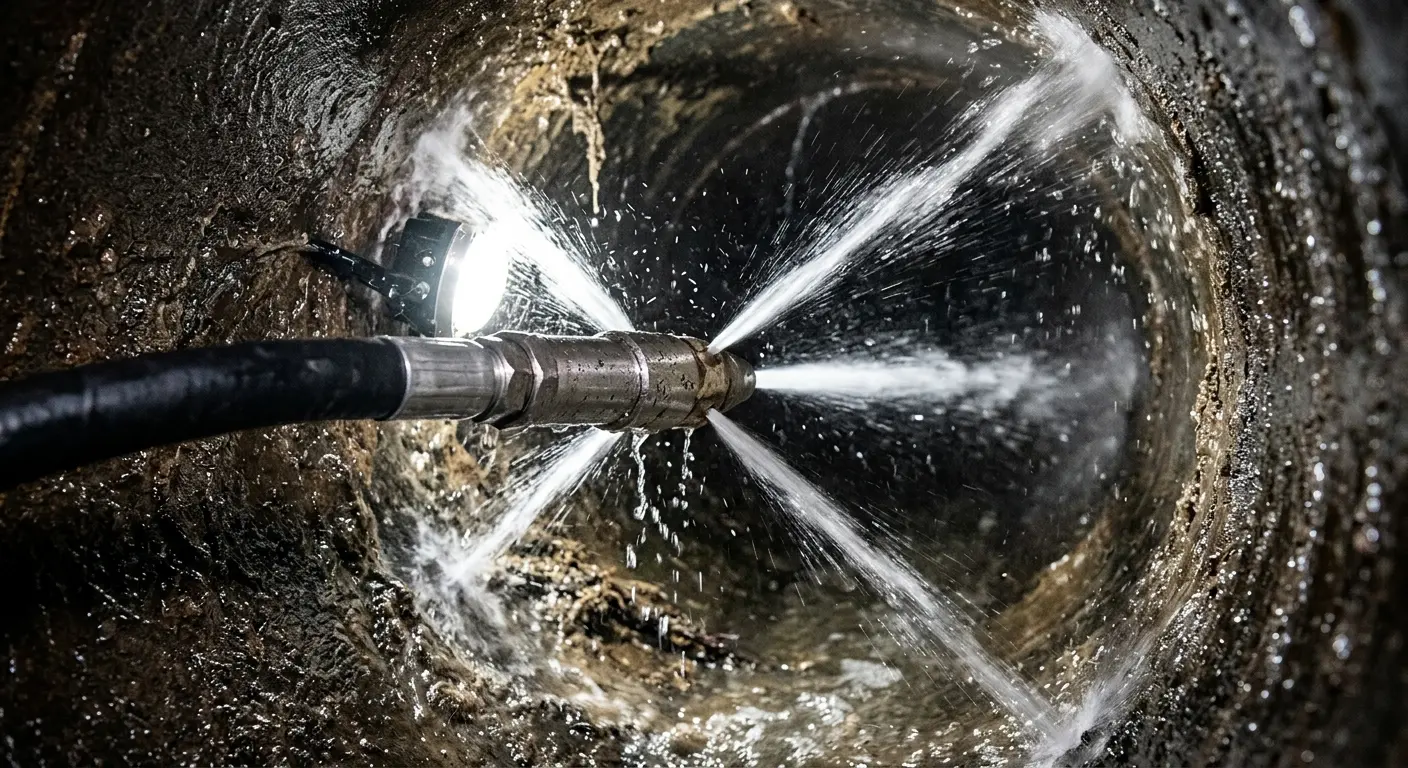 High-pressure hydro jetting nozzle cleaning sewer pipe for Sewer Line Relining in North Tustin
