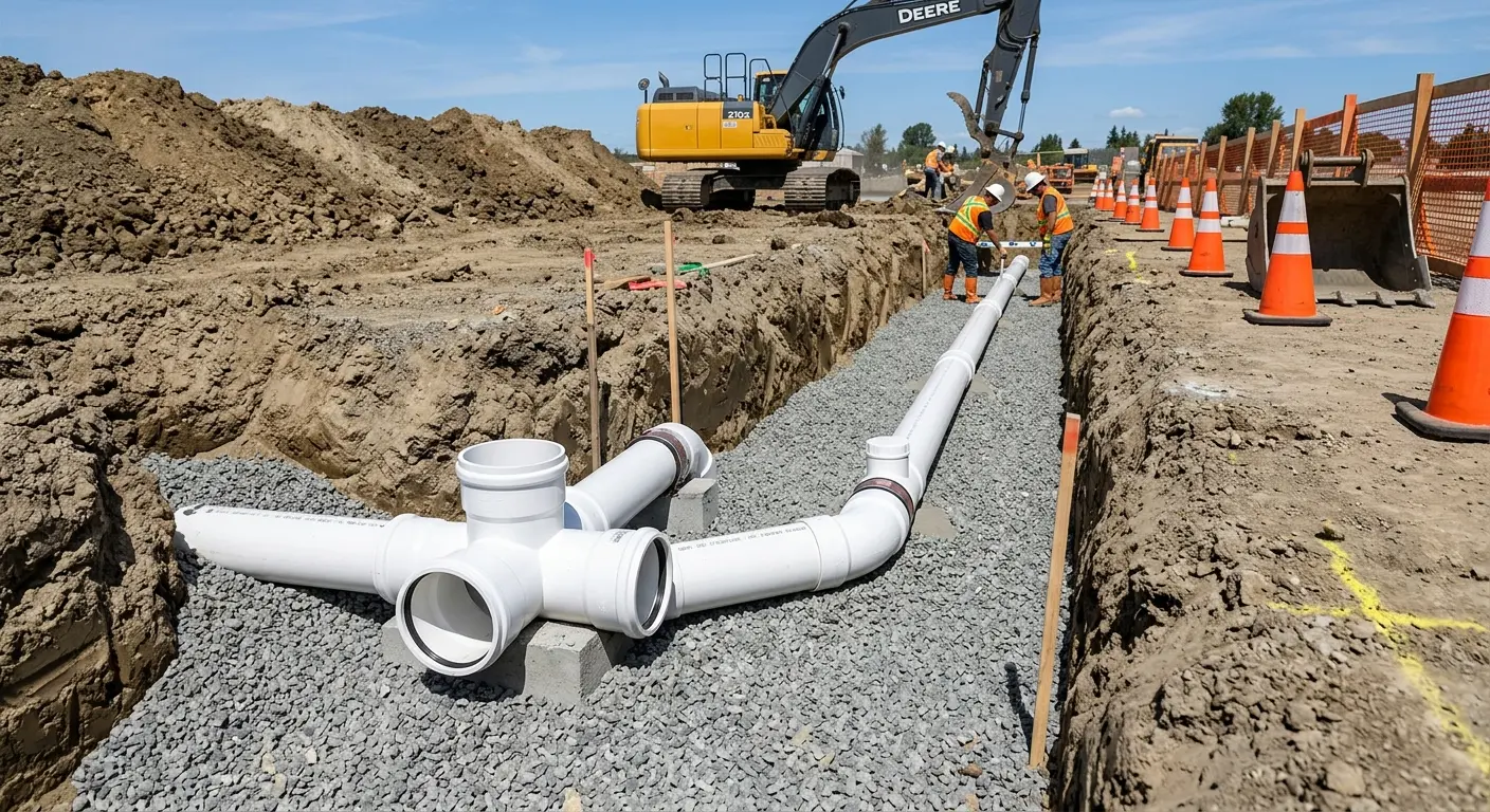 New PVC sewer pipe installation in open trench for Sewer Backup in North Tustin