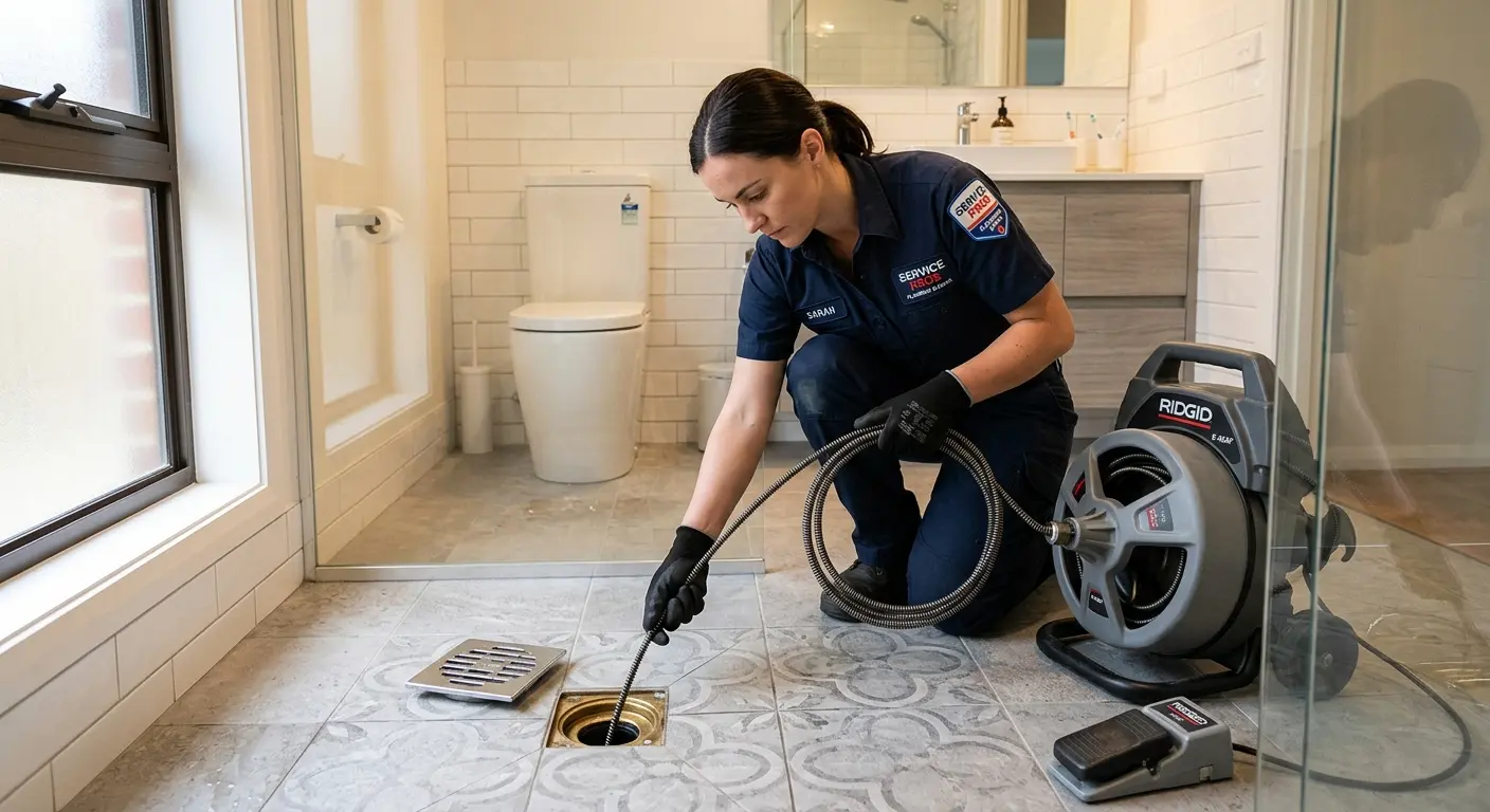 Technician clearing a bathroom floor drain for Hydro Jetting in North Tustin